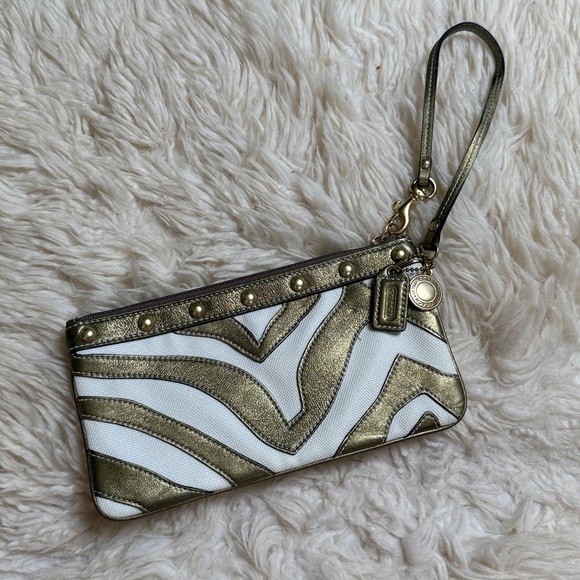 Coach Zebra Wristlet Stud Metallic Leather And Fabric Bronze Gold - Picture 1 of 5